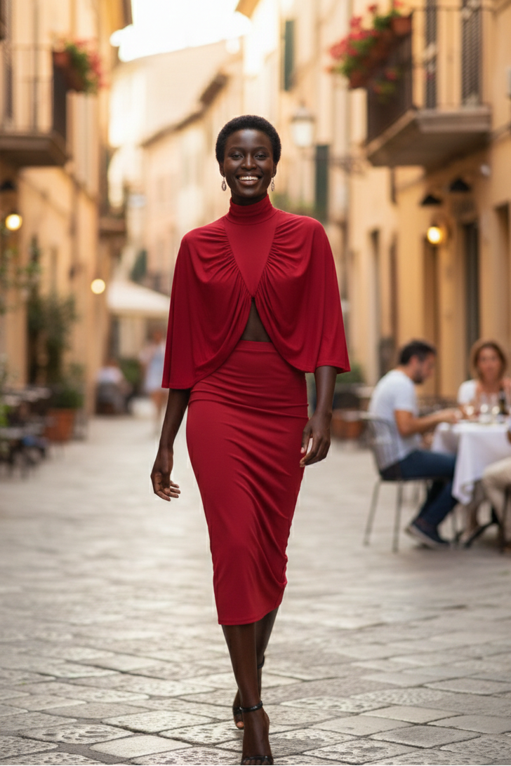 Carly Cape and Skirt Set in Lipstick